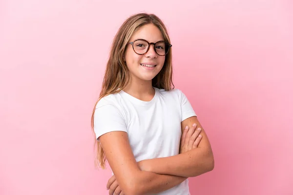 Little Caucasian Girl Isolated Pink Background Glasses Happy Expression — Stock Photo, Image