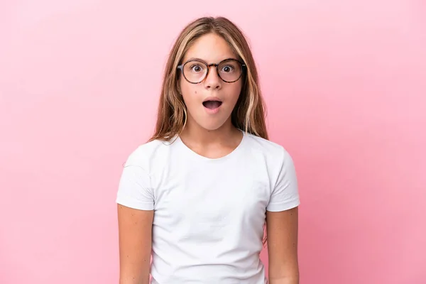 Little Caucasian Girl Isolated Pink Background Glasses Surprised Expression — ストック写真