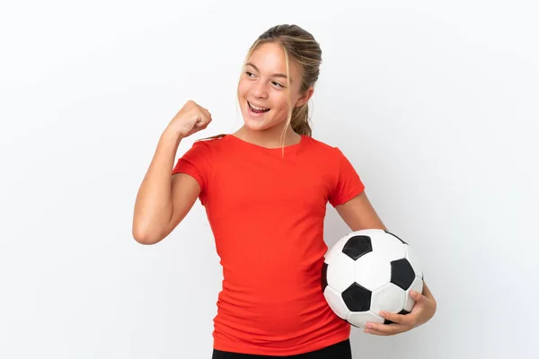 Little Caucasian Girl Isolated White Background Soccer Ball Celebrating Victory — Foto de Stock