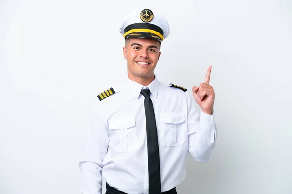 Airplane Pilot Caucasian Man Isolated White Background Pointing Index Finger — 图库照片