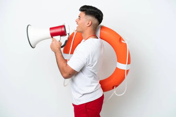 Young Handsome Man Isolated White Background Lifeguard Equipment Shouting Megaphone — 스톡 사진