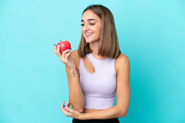 Young Caucasian Woman Isolated Purple Background Apple Happy — Stock Fotó
