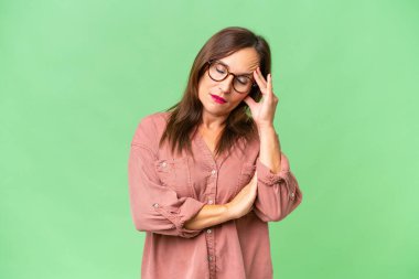 Orta yaşlı beyaz kadın, izole edilmiş geçmişinden dolayı baş ağrısı çekiyor.