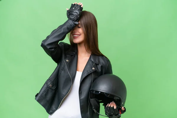 Joven Mujer Bastante Caucásica Con Casco Motocicleta Sobre Fondo Aislado —  Fotos de Stock