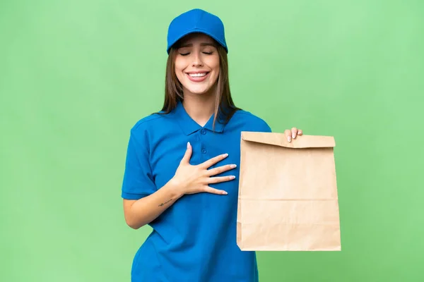 Young Beautiful Caucasian Woman Taking Bag Takeaway Food Isolated Background — Φωτογραφία Αρχείου