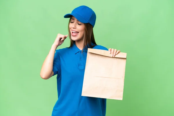Young Beautiful Caucasian Woman Taking Bag Takeaway Food Isolated Background —  Fotos de Stock