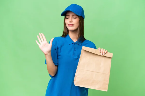 Young Beautiful Caucasian Woman Taking Bag Takeaway Food Isolated Background — Stock Photo, Image