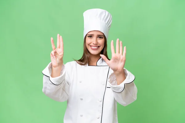 Giovane Chef Donna Caucasica Sfondo Isolato Contando Otto Con Dita — Foto Stock
