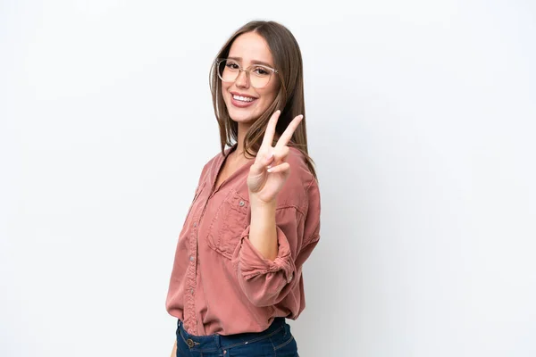 Young Pretty Caucasian Woman Isolated White Background Smiling Showing Victory — стоковое фото