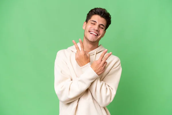 Young Caucasian Handsome Man Isolated Background Smiling Showing Victory Sign — Stock Photo, Image
