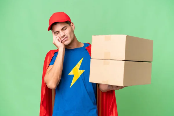 Super Hero Delivery Man Isolated Background Headache — Zdjęcie stockowe