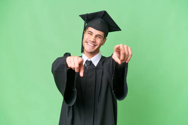 Jovem Universidade Pós Graduação Caucasiano Homem Sobre Isolado Fundo Aponta — Fotografia de Stock