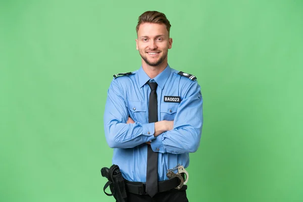 Молодий Поліцейський Над Ізольованим Тлом Тримає Руки Перетнути Лобове Положення — стокове фото