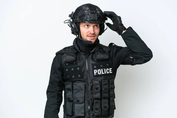 Swat Man Isolated White Background Having Doubts Confuse Face Expression — Stock Photo, Image