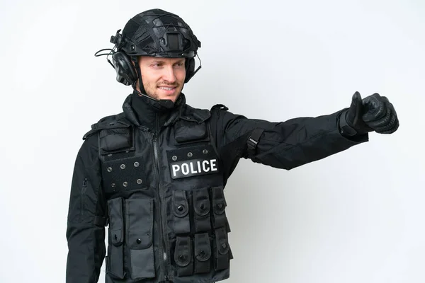 Swat Man Isolated White Background Giving Thumbs Gesture — Stock Photo, Image