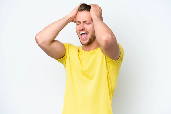 stock image Young blonde caucasian man isolated on white background stressed overwhelmed