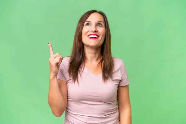 Middle Aged Caucasian Woman Isolated Background Pointing Surprised — Stock Photo, Image