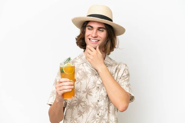 Young Handsome Man Holding Cocktail Isolated White Background Looking Side — Stock Photo, Image