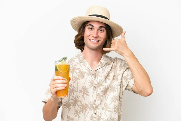 Young Handsome Man Holding Cocktail Isolated White Background Making Phone — Stock Photo, Image