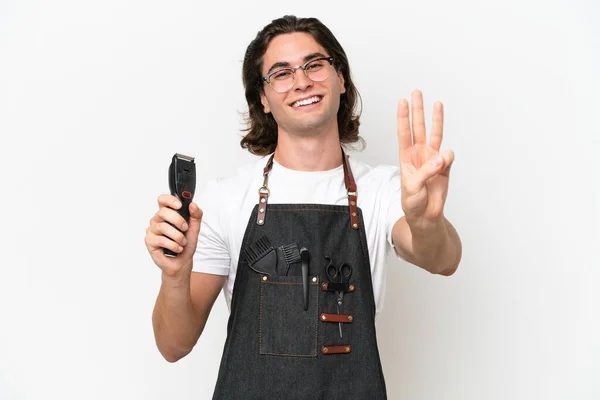 Mladý Kadeřník Muž Izolované Bílém Pozadí Šťastný Počítání Tři Prsty — Stock fotografie