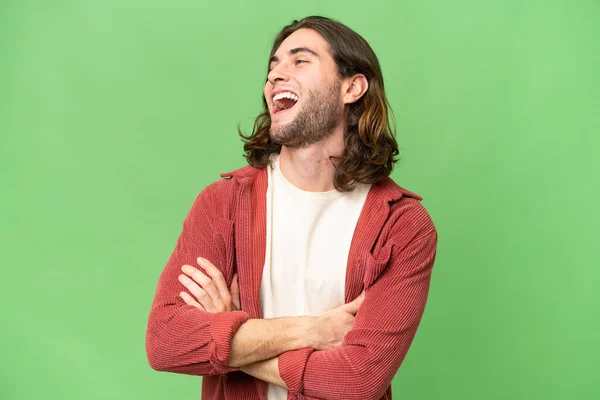 Junger Gutaussehender Mann Über Isolierten Hintergrund Glücklich Und Lächelnd — Stockfoto