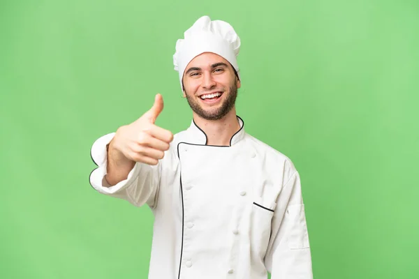 Jovem Bonito Chef Homem Sobre Isolado Fundo Com Polegares Para — Fotografia de Stock