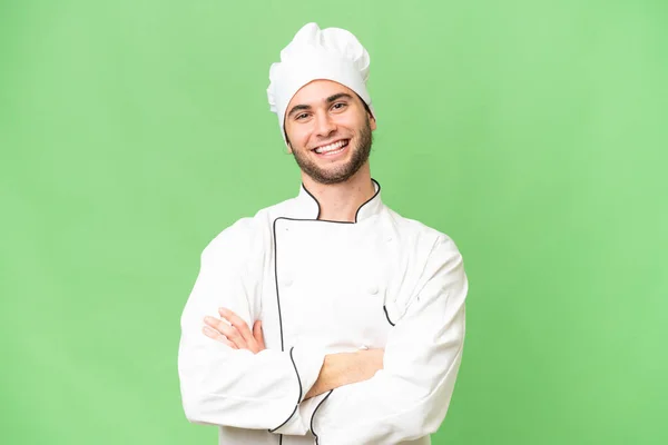 Jeune Beau Chef Homme Sur Fond Isolé Gardant Les Bras — Photo