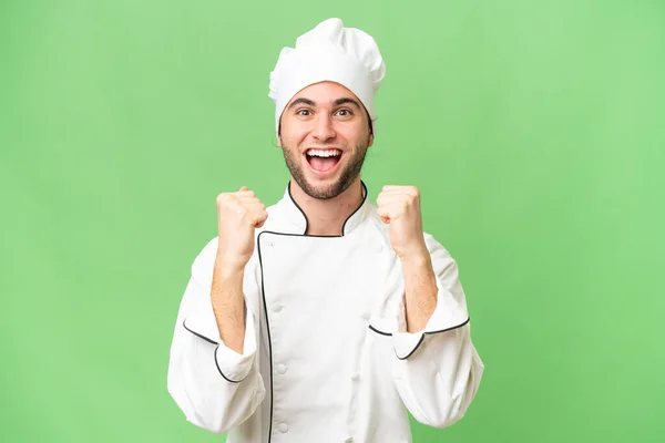 Jonge Knappe Chef Kok Man Geïsoleerde Achtergrond Vieren Van Een — Stockfoto