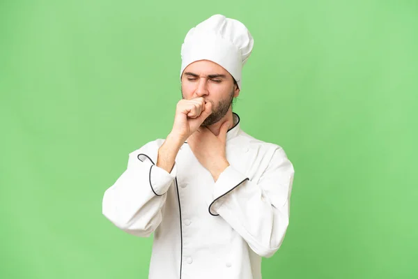 Jonge Knappe Chef Kok Man Geïsoleerde Achtergrond Lijdt Met Hoest — Stockfoto
