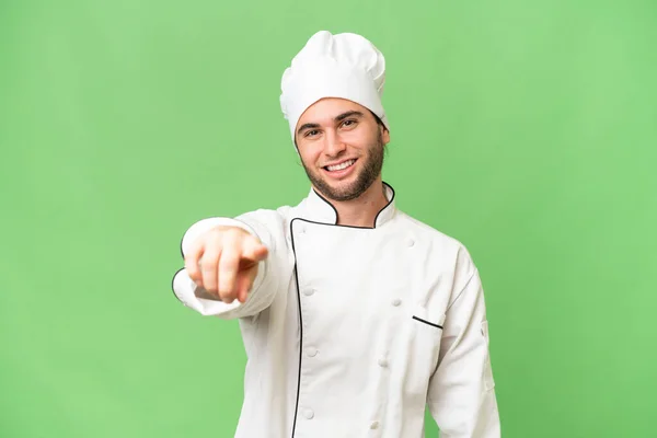 Jeune Beau Chef Homme Sur Fond Isolé Pointe Doigt Vers — Photo
