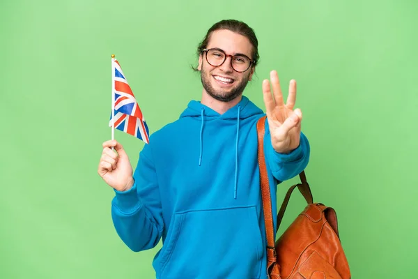 Jeune Homme Beau Tenant Drapeau Royaume Uni Sur Fond Isolé — Photo