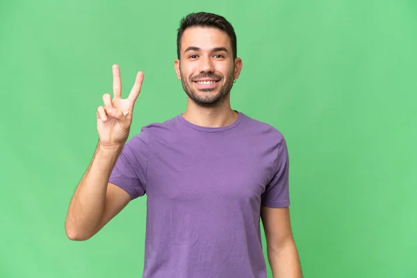 Young Handsome Caucasian Man Isolated Background Smiling Showing Victory Sign — Stock Photo, Image