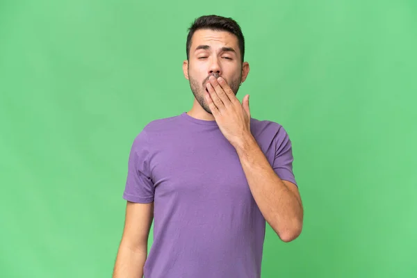 Young Handsome Caucasian Man Isolated Background Yawning Covering Wide Open — Stock Photo, Image
