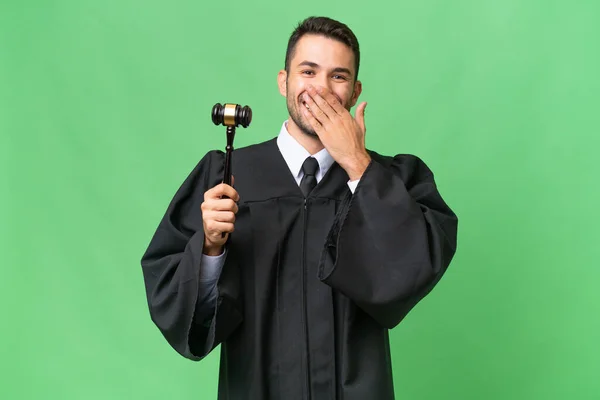 Judge Caucasian Man Isolated Background Happy Smiling Covering Mouth Hand — Stock Photo, Image