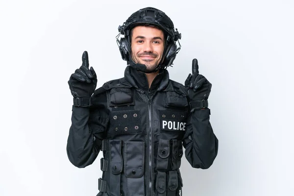 Young Caucasian Swat Man Isolated White Background Pointing Great Idea — Stock Photo, Image