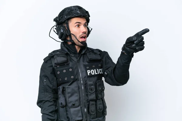 Young Caucasian Swat Man Isolated White Background Pointing Away — Stock Photo, Image