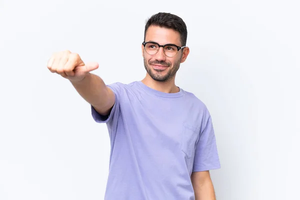 Νεαρός Καυκάσιος Άνδρας Απομονωμένος Λευκό Φόντο Κάνοντας Μια Χειρονομία — Φωτογραφία Αρχείου