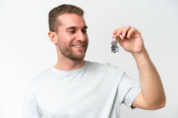 Young Caucasian Man Holding Home Keys Isolated White Background Happy — Stock fotografie