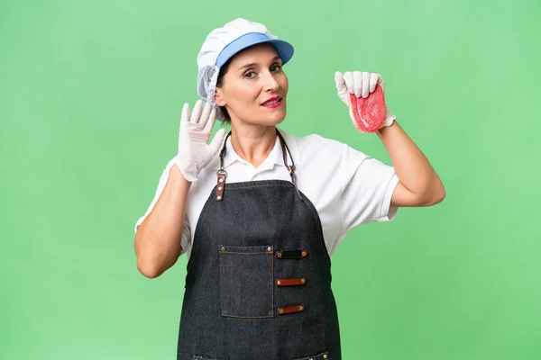 Butcher Woman Wearing Apron Serving Fresh Cut Meat Isolated Background Royalty Free Stock Images