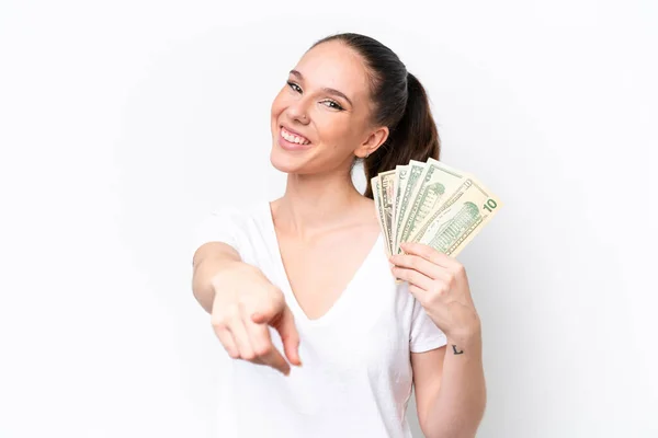 Young Caucasian Woman Taking Lot Money Isolated White Background Pointing — Stock Photo, Image