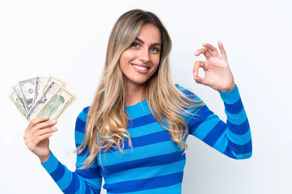 Jonge Uruguayaanse Vrouw Neemt Veel Geld Geïsoleerd Witte Achtergrond Tonen — Stockfoto
