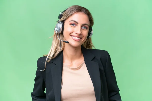 Telemarketer Pretty Uruguayan Woman Working Headset Isolated Background Laughing — Stock Photo, Image