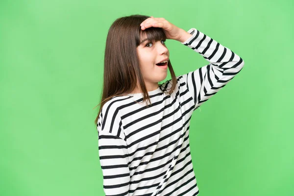 Little Caucasian Girl Isolated Background Doing Surprise Gesture While Looking — Stock Photo, Image