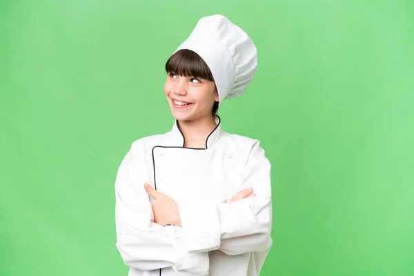 Piccola Ragazza Chef Caucasico Sfondo Isolato Felice Sorridente — Foto Stock