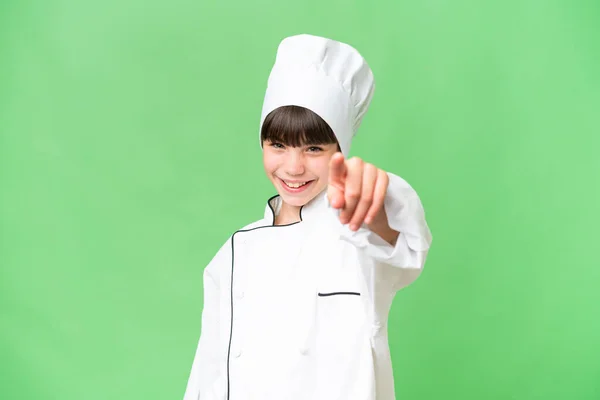 Pequeña Chica Chef Caucásica Sobre Aislado Fondo Señala Dedo Usted — Foto de Stock