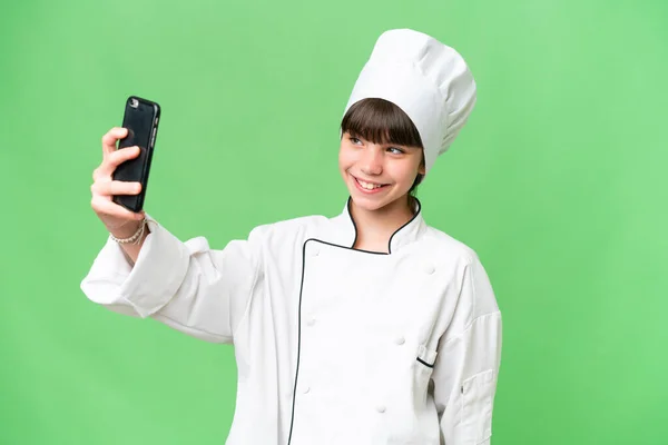 Piccola Ragazza Chef Caucasico Sfondo Isolato Facendo Selfie — Foto Stock