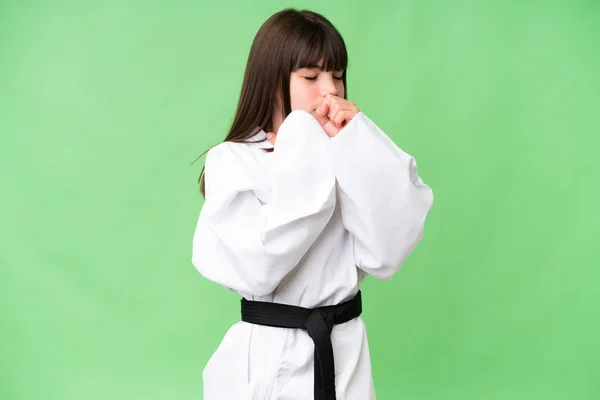 Little Caucasian Girl Doing Karate Isolated Background Suffering Cough Feeling — Stock Photo, Image