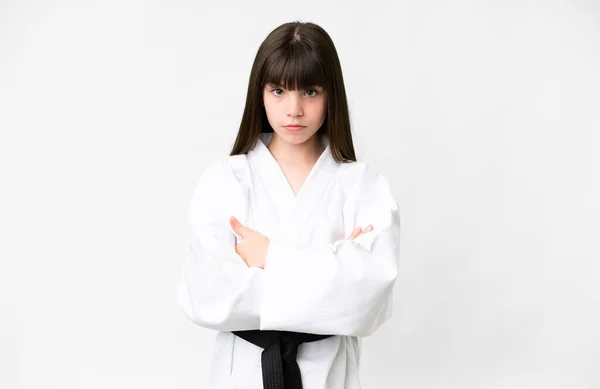 Little Caucasian Girl Isolated White Background Doing Karate Keeping Arms — Stock Photo, Image