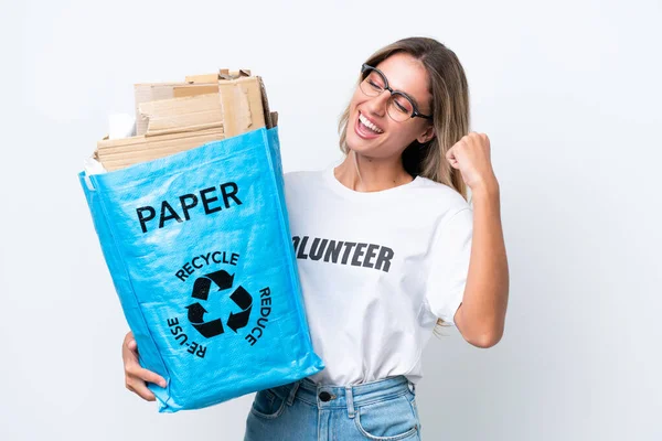 Young Pretty Uruguayan Woman Holding Recycling Bag Full Paper Recycle — Stock Photo, Image