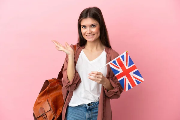 Young Caucasian Woman Holding United Kingdom Flag Isolated Pink Background — ストック写真